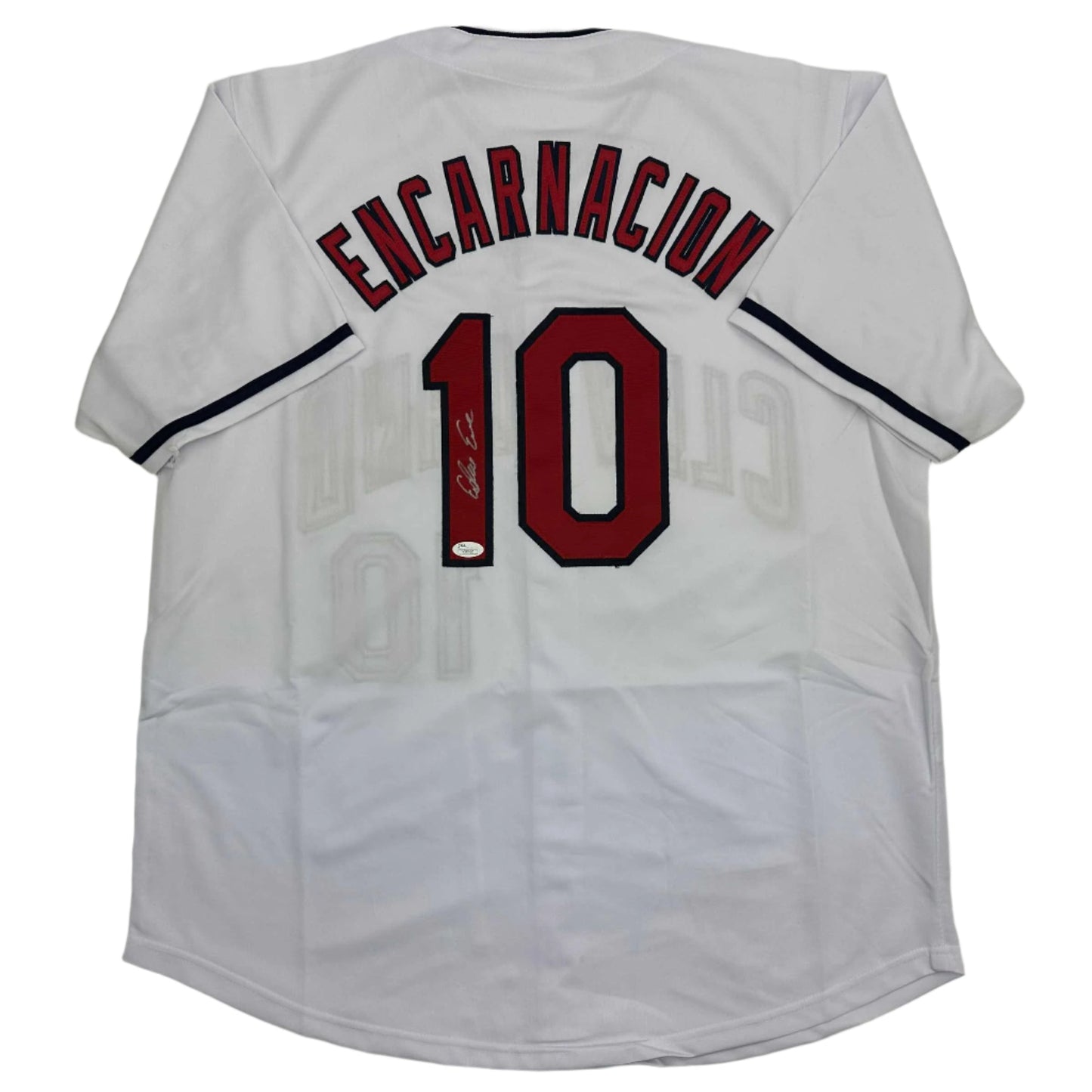 Autographed/Signed Edwin Encarnacion Cleveland White Baseball Jersey JSA COA