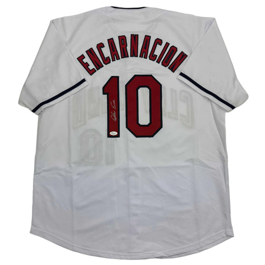 Autographed/Signed Edwin Encarnacion Cleveland White Baseball Jersey JSA COA