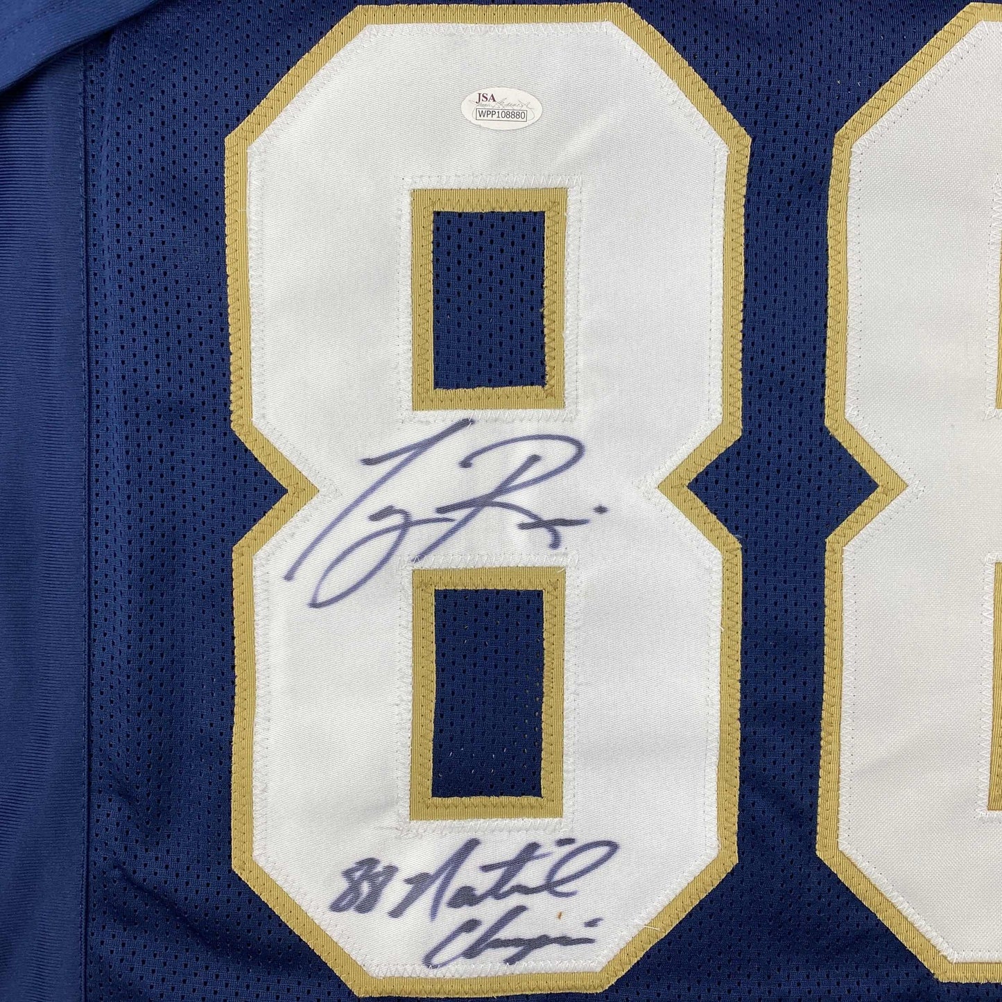 Autographed/Signed Tony Rice 1988 National Champions Notre Dame Blue College Football Jersey JSA COA