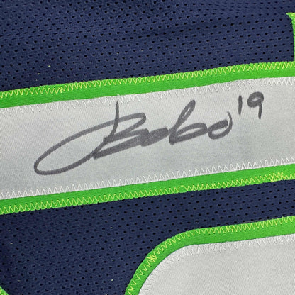 Autographed/Signed Jake Bobo Seattle Blue Football Jersey JSA COA