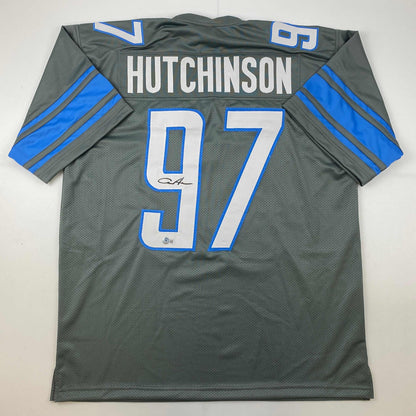 Autographed/Signed Aidan Hutchinson Detroit Grey Football Jersey Beckett BAS COA