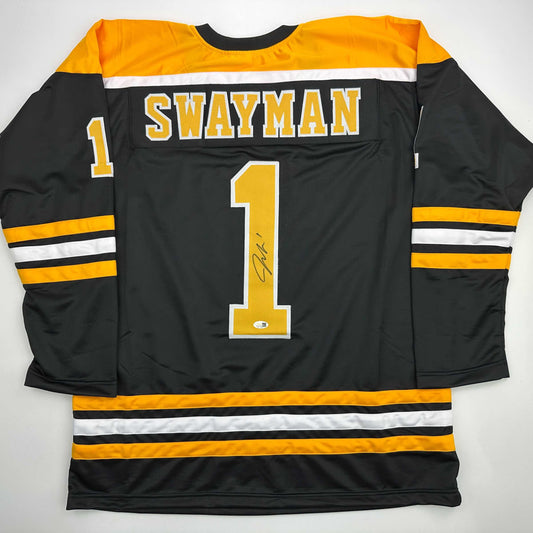 Autographed/Signed Jeremy Swayman Boston Black Hockey Jersey JSA COA