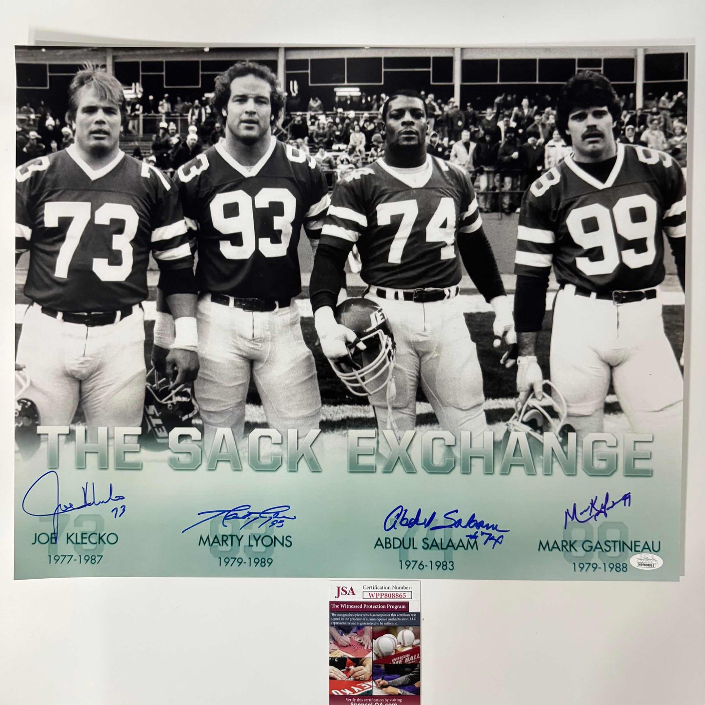 Autographed/Signed Klecko Lyons Salaam Gastineau New York Sack Exchange Jets 16x20 Football Photo JSA COA