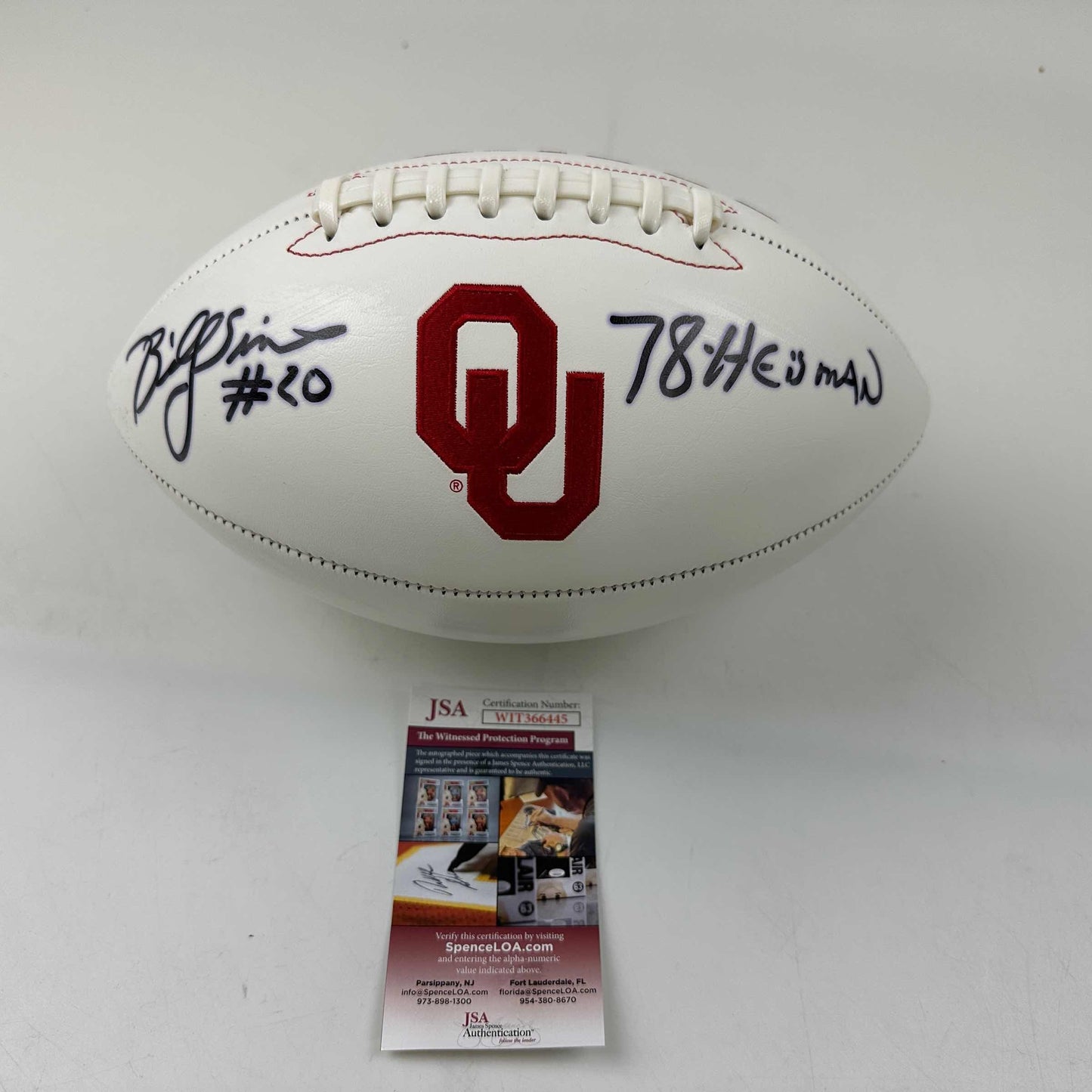 Autographed/Signed Billy Sims 78 Heisman Oklahoma Sooners Full Size White Panel Logo College Football JSA COA
