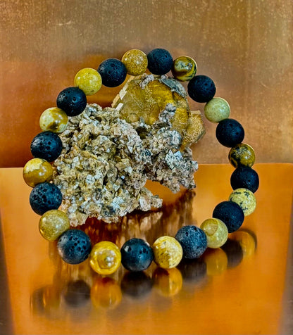 Reiki-Infused Earth & Ember Picture Jasper & Lava Stone Bracelet for Deep Grounding & Aromatherapy (8mm)
