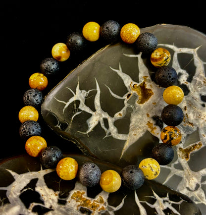 Reiki-Infused Earth & Ember Picture Jasper & Lava Stone Bracelet for Deep Grounding & Aromatherapy (8mm)