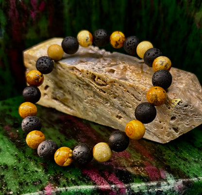 Reiki-Infused Earth & Ember Picture Jasper & Lava Stone Bracelet for Deep Grounding & Aromatherapy (8mm)