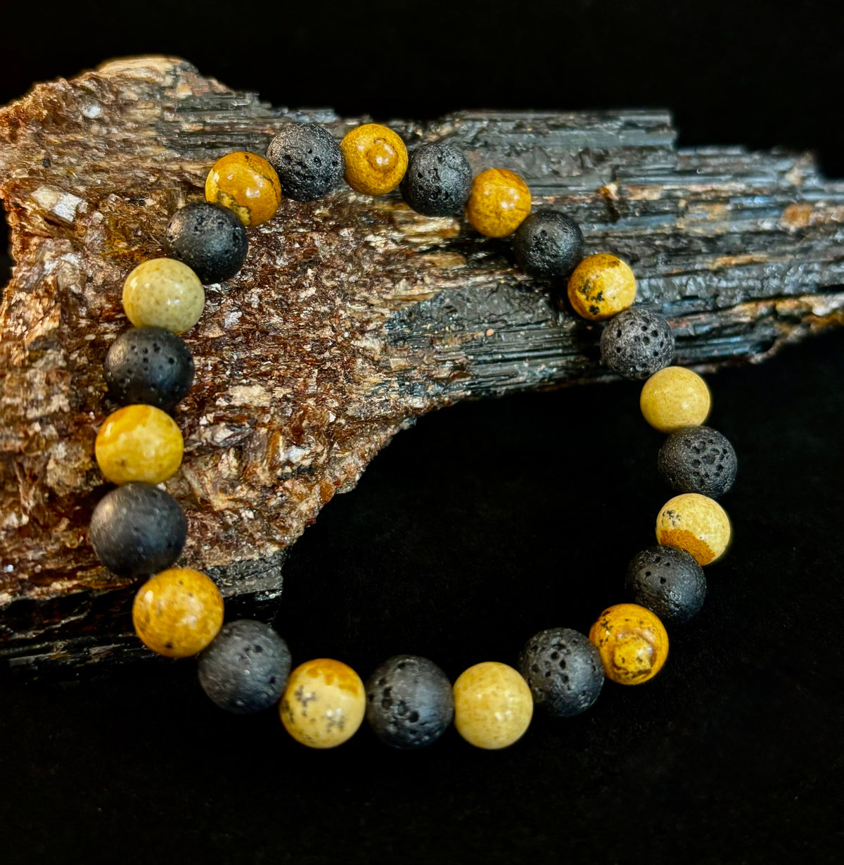 Reiki-Infused Earth & Ember Picture Jasper & Lava Stone Bracelet for Deep Grounding & Aromatherapy (8mm)
