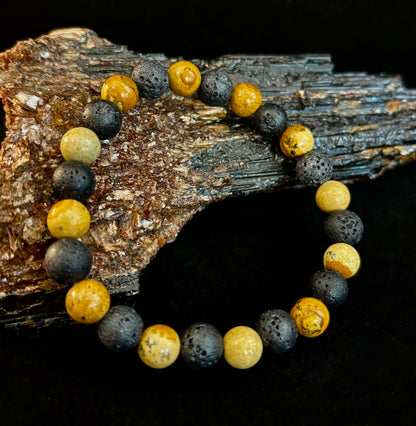 Reiki-Infused Earth & Ember Picture Jasper & Lava Stone Bracelet for Deep Grounding & Aromatherapy (8mm)