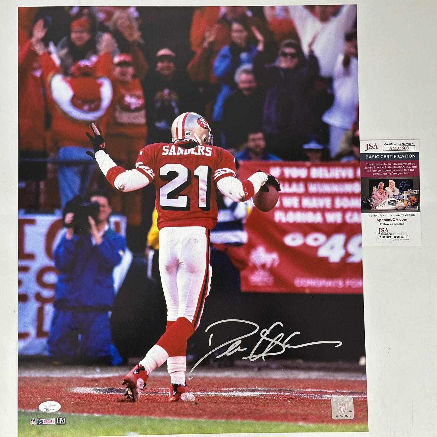 Autographed/Signed Deion Sanders San Francisco 49ers 16x20 Football Photo JSA COA