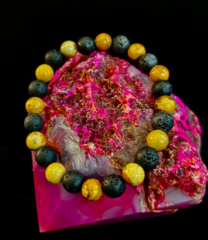 Reiki-Infused Earth & Ember Picture Jasper & Lava Stone Bracelet for Deep Grounding & Aromatherapy (8mm)