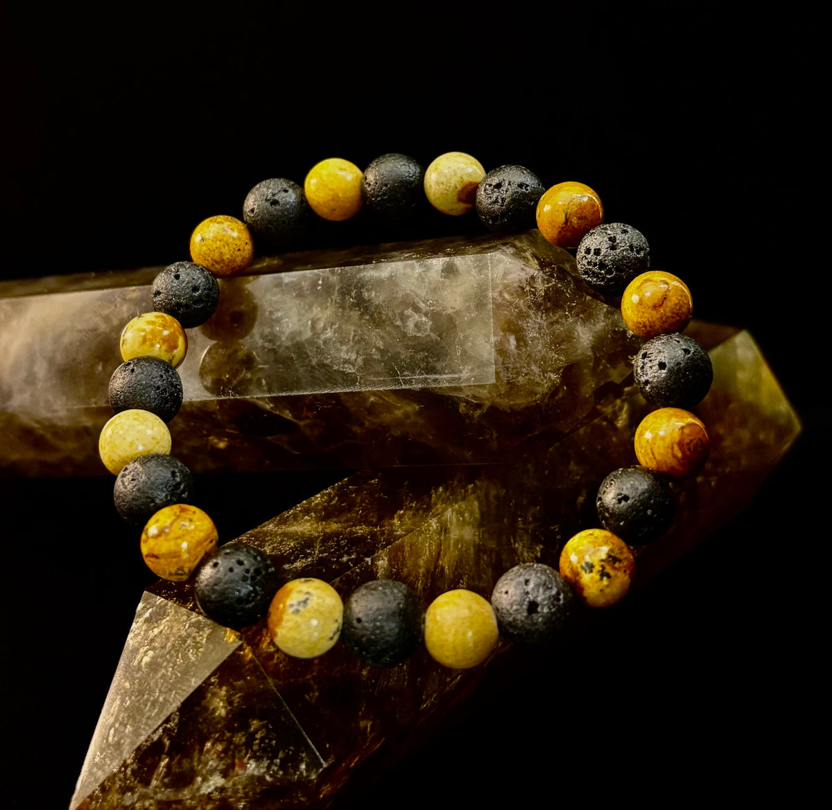 Reiki-Infused Earth & Ember Picture Jasper & Lava Stone Bracelet for Deep Grounding & Aromatherapy (8mm)
