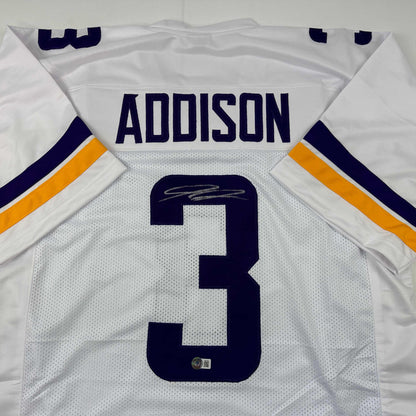 Autographed/Signed Jordan Addison Minnesota White Football Jersey Beckett BAS COA