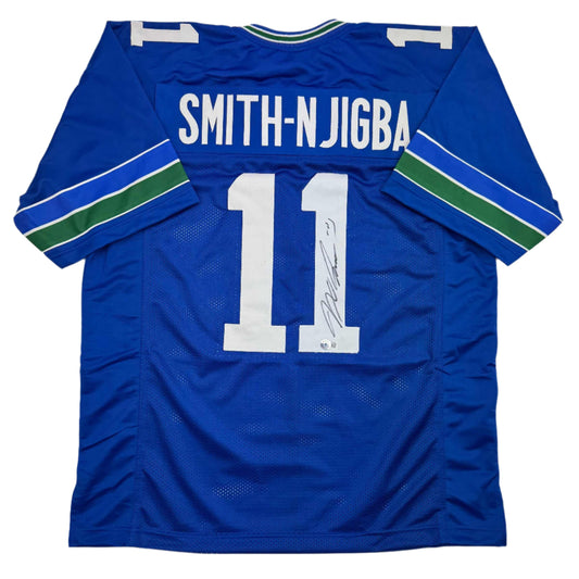 Autographed/Signed Jaxon Smith-Njigba Seattle Blue Retro Football Jersey Beckett BAS COA