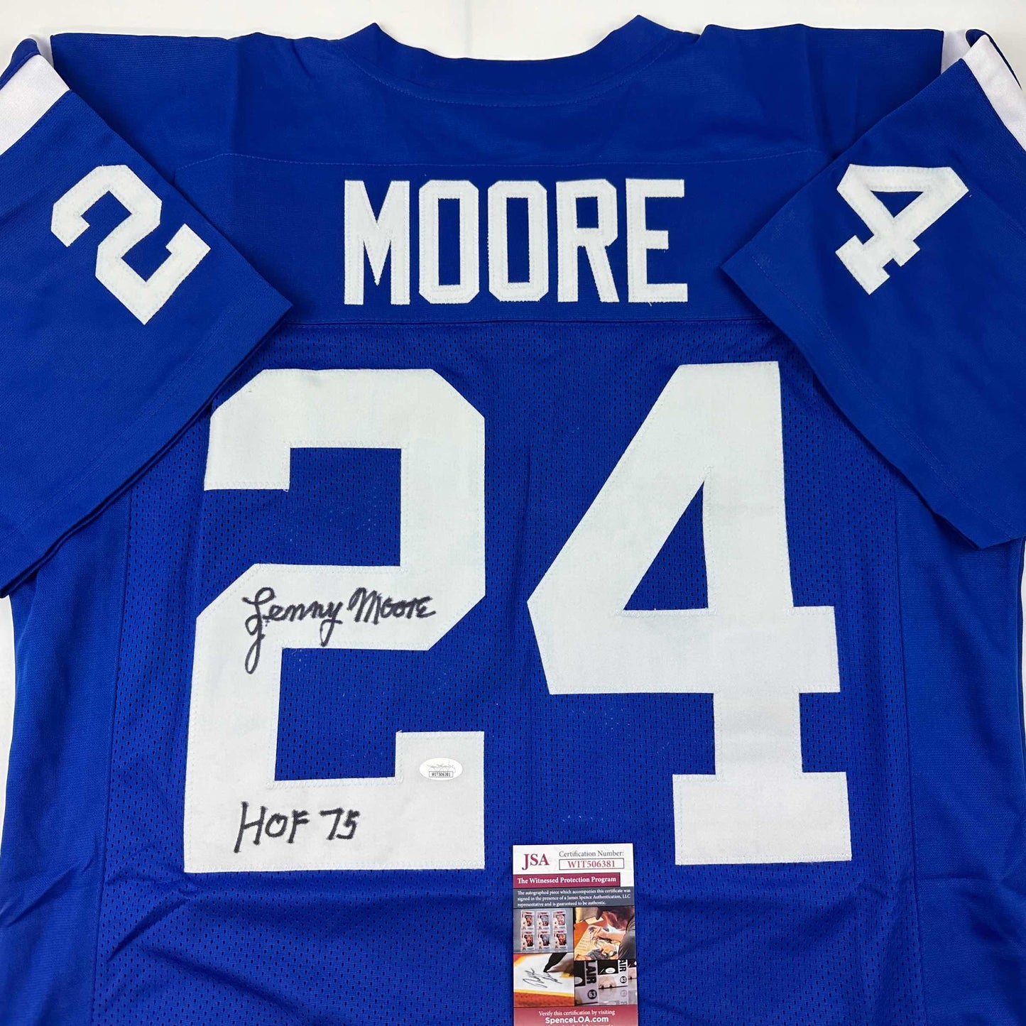 Autographed/Signed Lenny Moore HOF 75 Baltimore Blue Football Jersey JSA COA