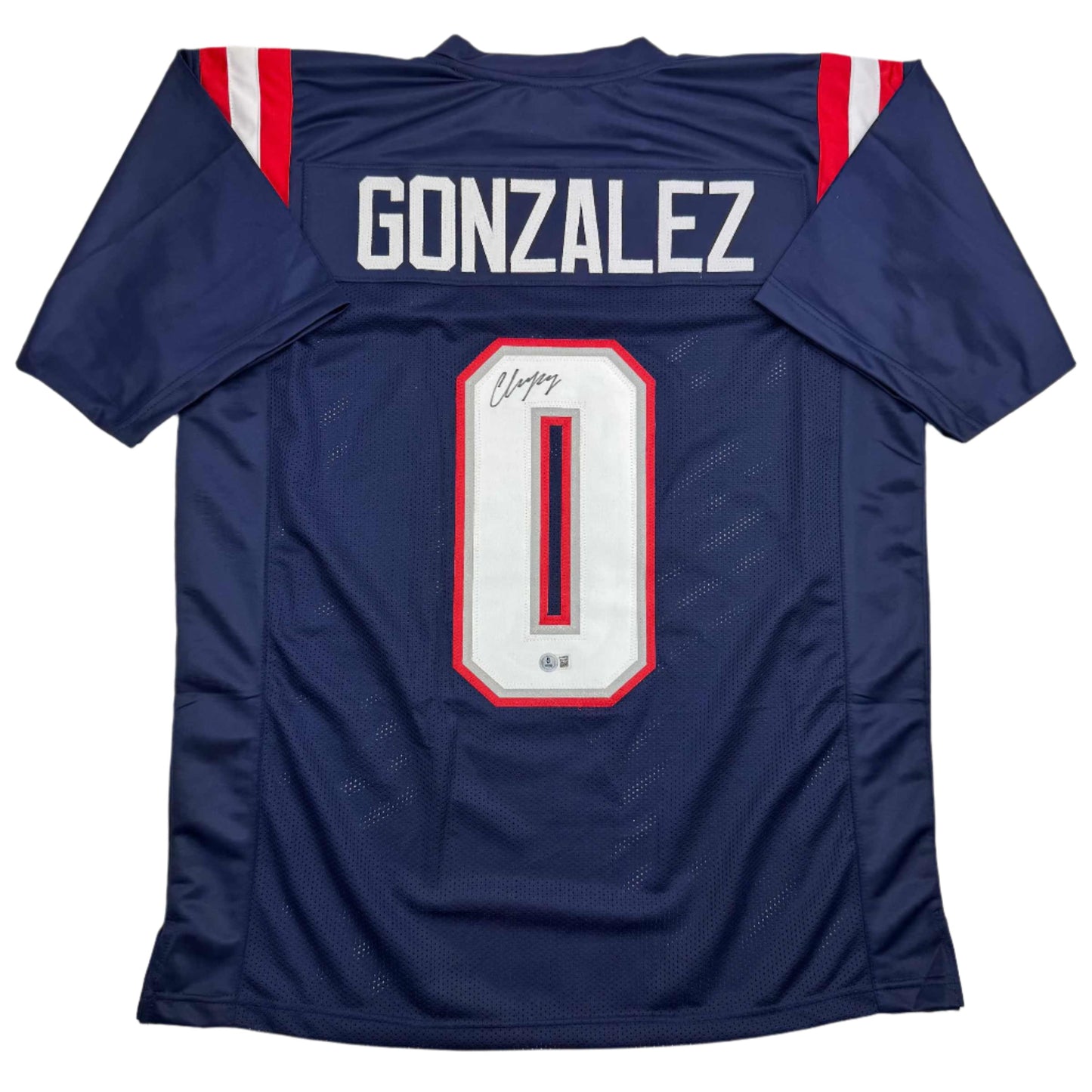 Autographed/Signed Christian Gonzalez New England Blue Football Jersey Beckett BAS COA