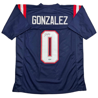 Autographed/Signed Christian Gonzalez New England Blue Football Jersey Beckett BAS COA