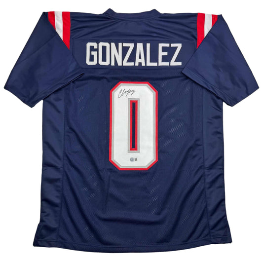 Autographed/Signed Christian Gonzalez New England Blue Football Jersey Beckett BAS COA
