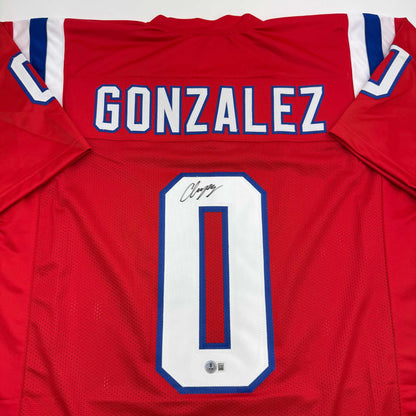 Autographed/Signed Christian Gonzalez New England Red Football Jersey Beckett BAS COA