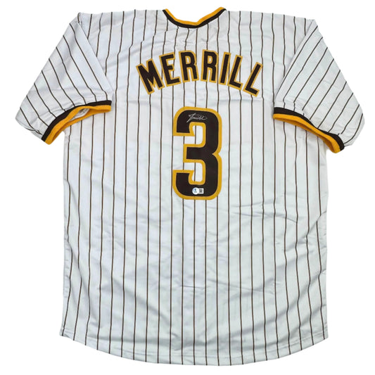 Autographed/Signed Jackson Merrill San Diego Pinstripe Baseball Jersey Beckett BAS COA