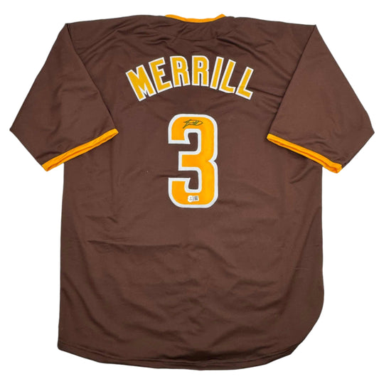 Autographed/Signed Jackson Merrill San Diego Brown Baseball Jersey Beckett BAS COA