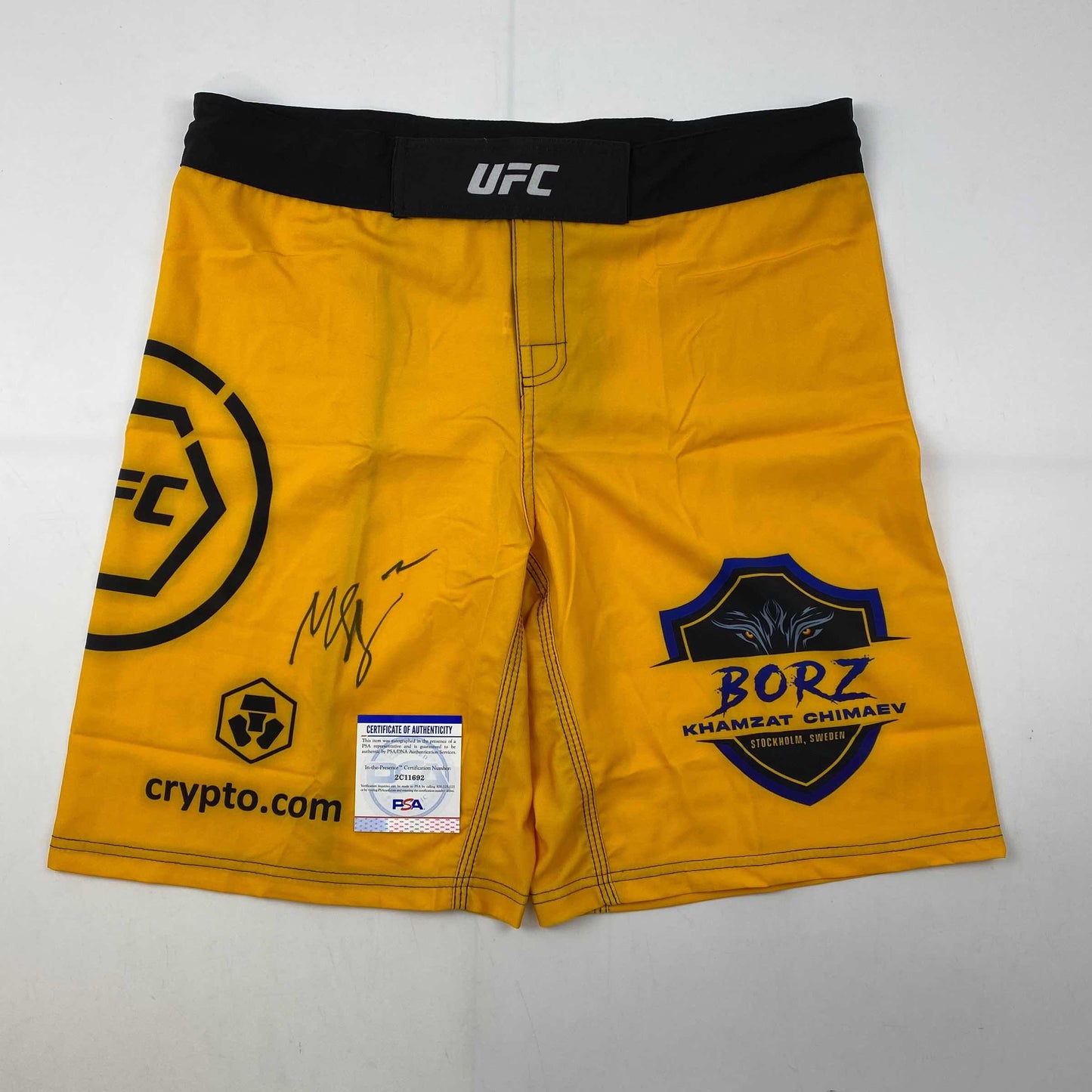 Autographed/Signed Khamzat Borz Chimaev UFC MMA Ultimate Fighting Yellow Trunks PSA/DNA COA