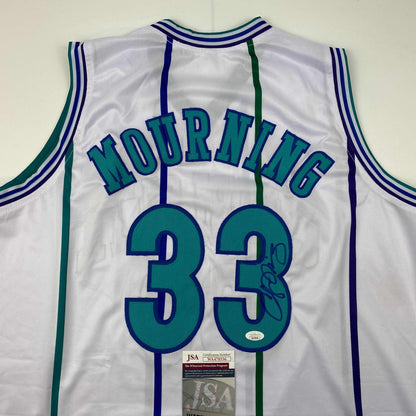 Autographed/Signed Alonzo Mourning Charlotte White Basketball Jersey JSA COA