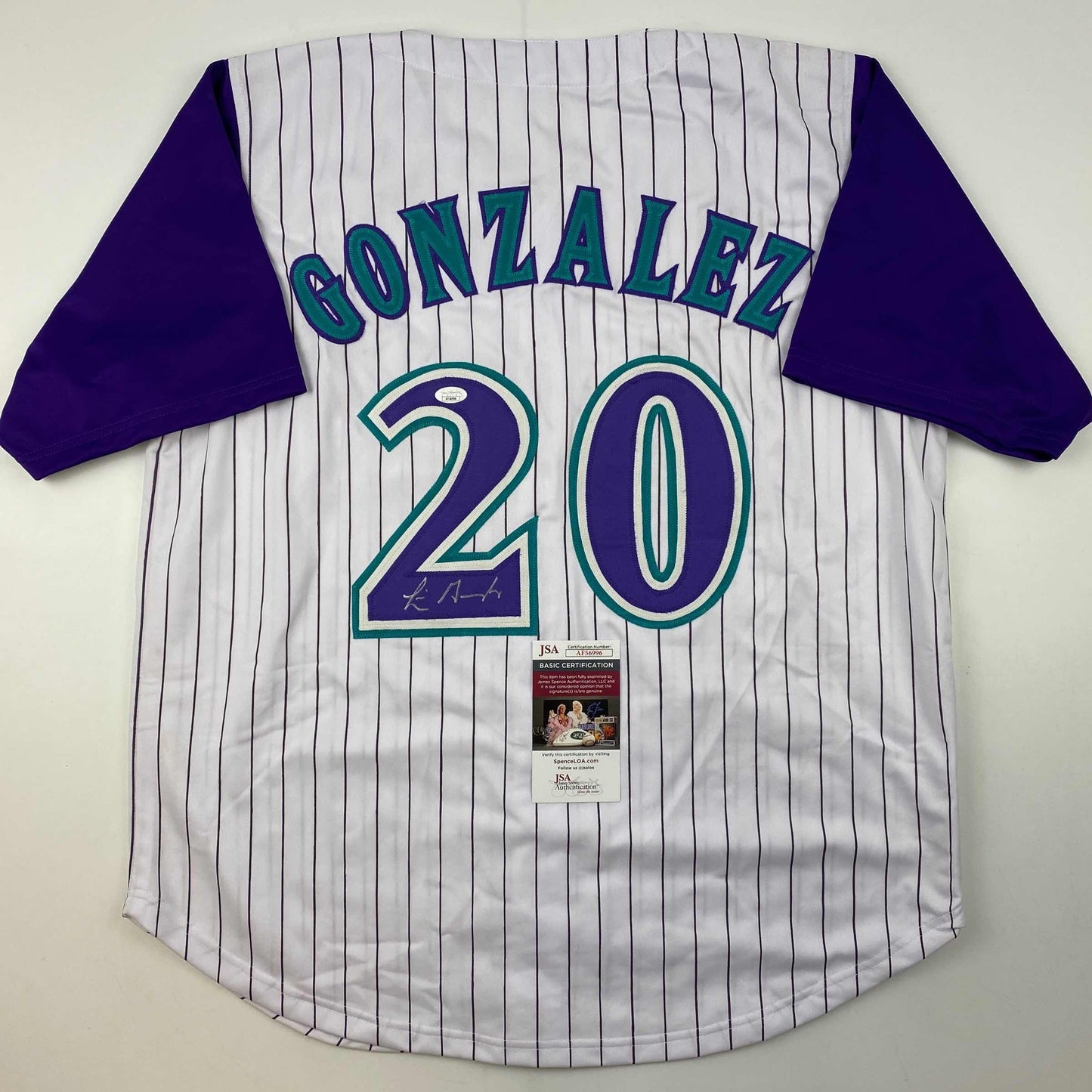 Autographed/Signed Luis Gonzalez Arizona Pinstripe Baseball Jersey JSA COA