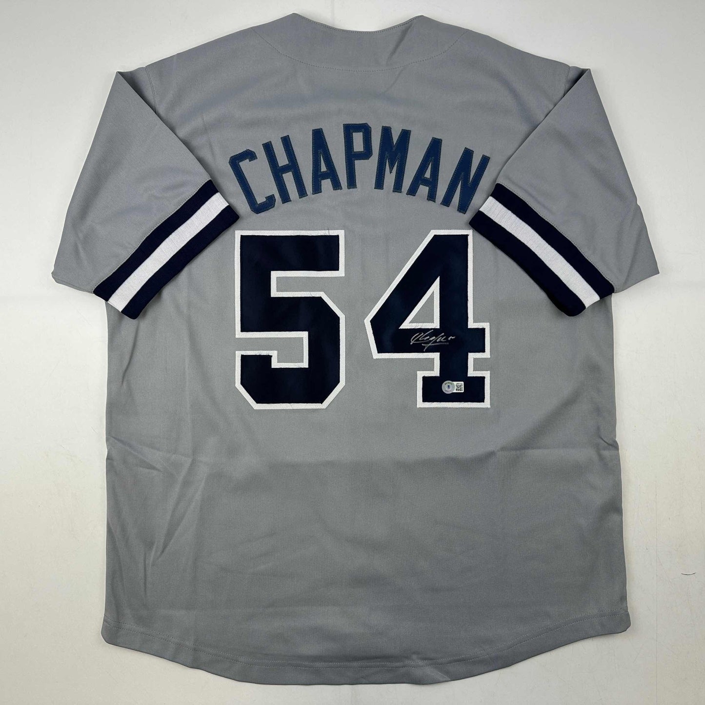 Autographed/Signed Aroldis Chapman New York Grey Baseball Jersey Beckett BAS COA