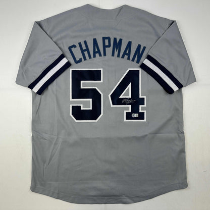 Autographed/Signed Aroldis Chapman New York Grey Baseball Jersey Beckett BAS COA