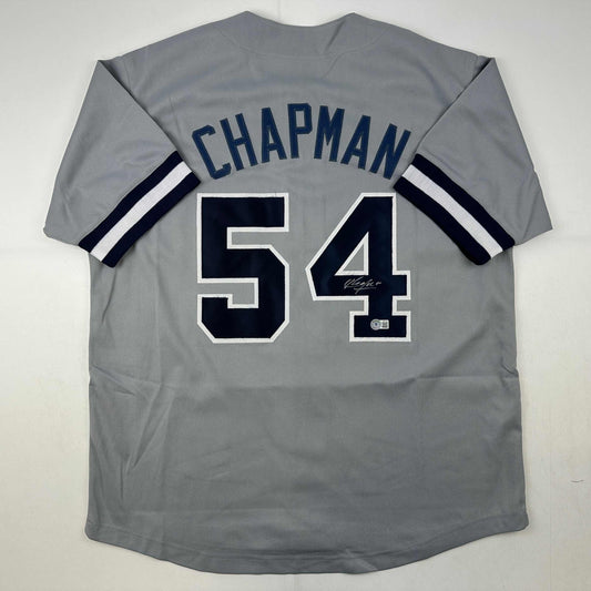 Autographed/Signed Aroldis Chapman New York Grey Baseball Jersey Beckett BAS COA