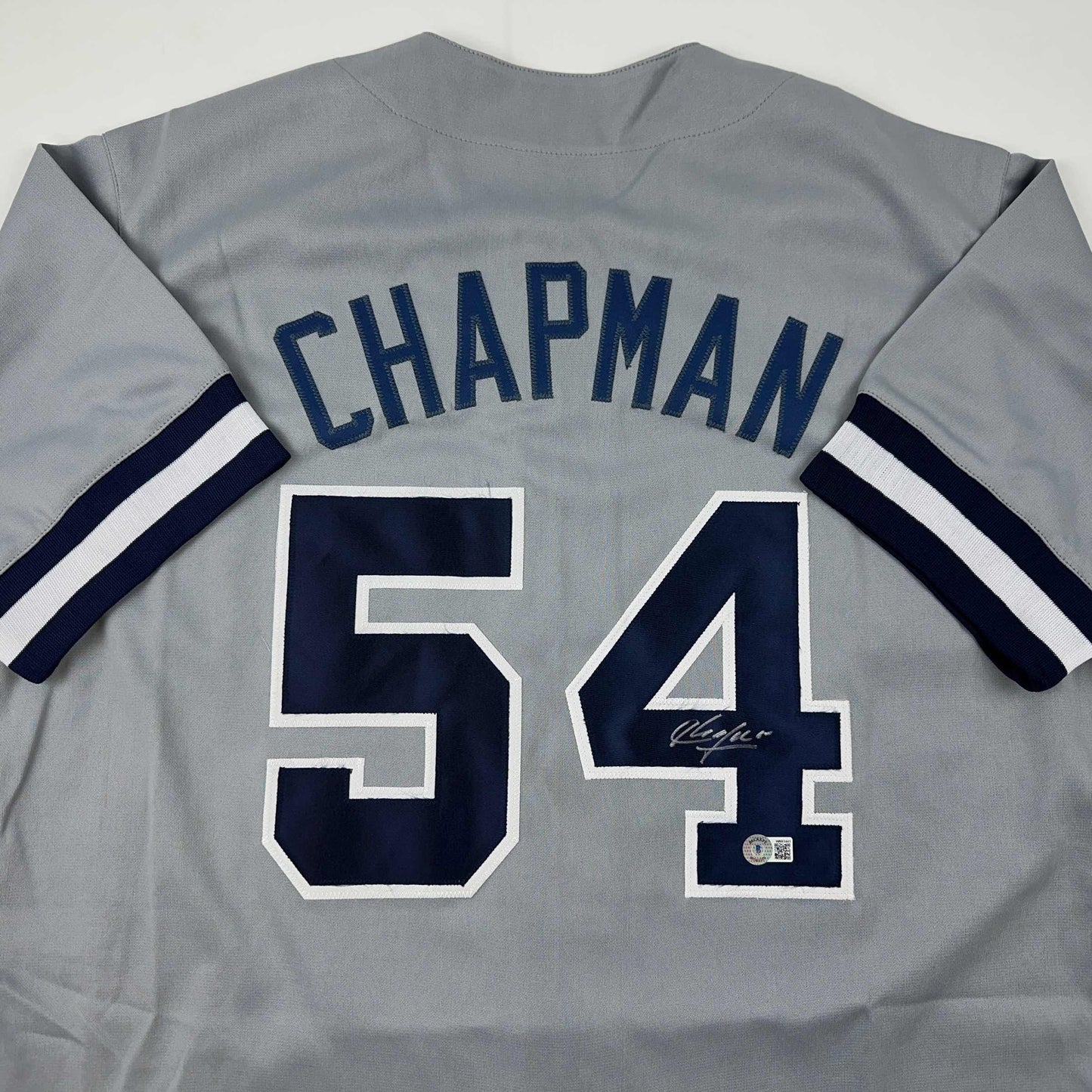 Autographed/Signed Aroldis Chapman New York Grey Baseball Jersey Beckett BAS COA