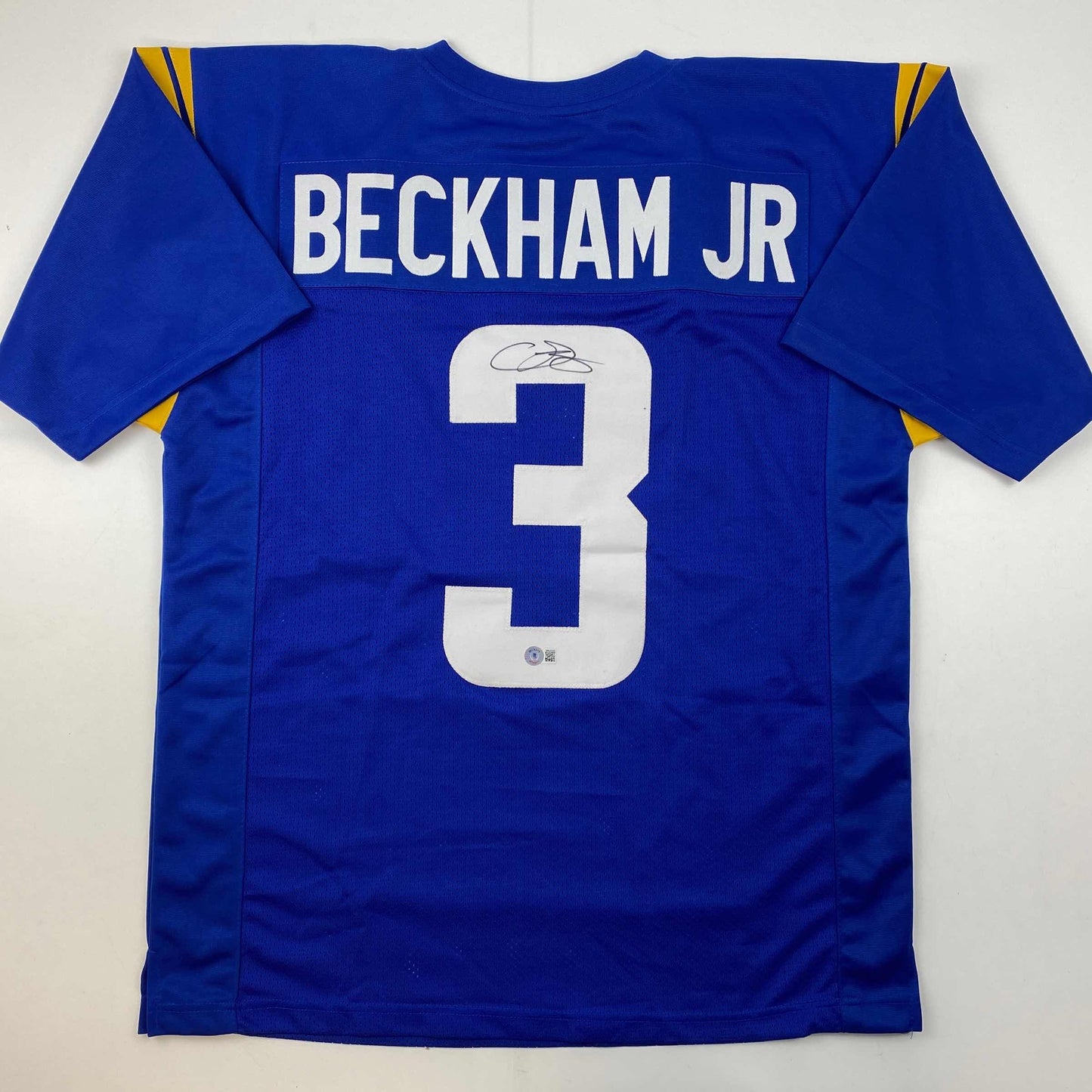 Autographed/Signed Odell Beckham Jr. OBJ Los Angeles LA Blue Football Jersey Beckett BAS COA