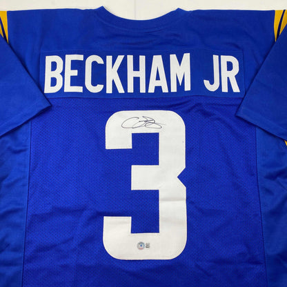 Autographed/Signed Odell Beckham Jr. OBJ Los Angeles LA Blue Football Jersey Beckett BAS COA