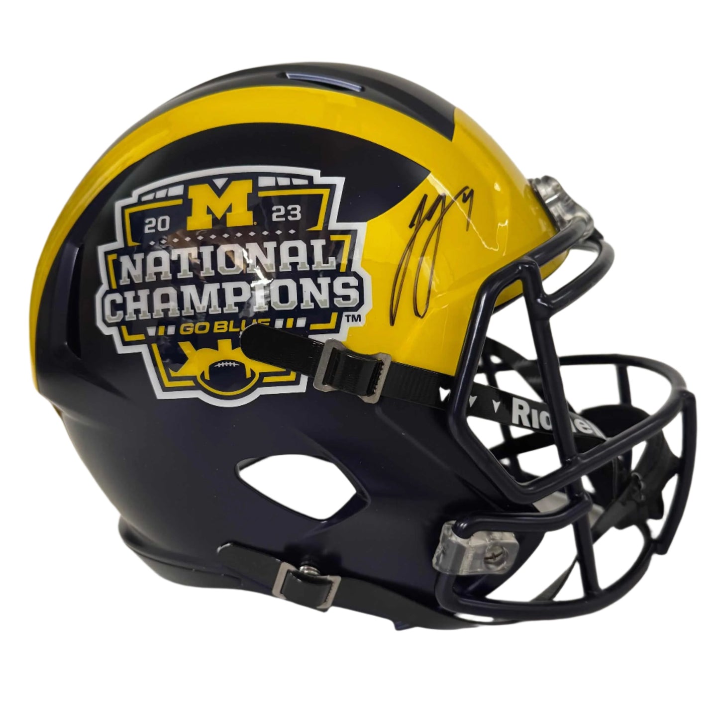 Autographed/Signed JJ J.J. McCarthy Michigan Wolverines 2023 National Champions Logo Full Size FS F/S Speed Replica College Football Helmet Beckett BAS COA