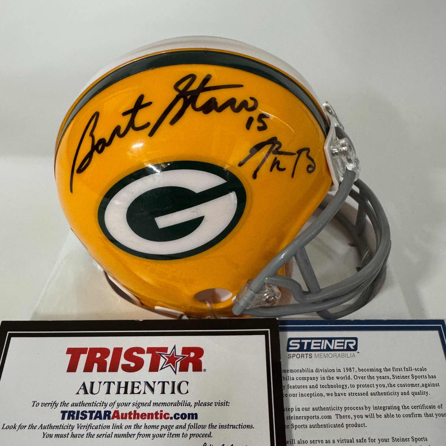 Autographed/Signed Bart Starr & Aaron Rodgers Dual Green Bay Packers Football Mini Helmet Steiner Sports COA