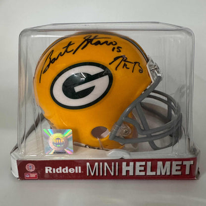 Autographed/Signed Bart Starr & Aaron Rodgers Dual Green Bay Packers Football Mini Helmet Steiner Sports COA