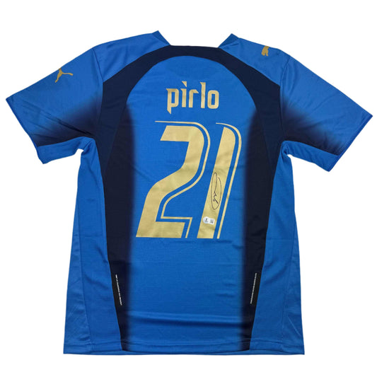 Autographed/Signed Andrea Pirlo Italy Blue Soccer Futbol Jersey Beckett BAS COA