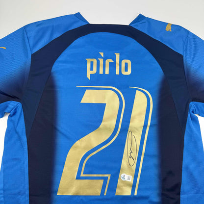 Autographed/Signed Andrea Pirlo Italy Blue Soccer Futbol Jersey Beckett BAS COA