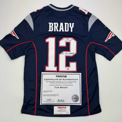 Autographed/Signed Tom Brady "5x SB Champ" New England Patriots Blue Authentic Nike Football Jersey Tristar COA