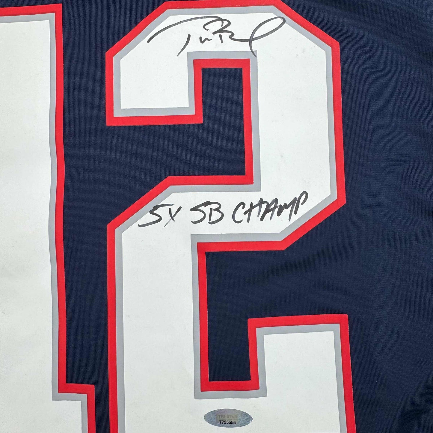 Autographed/Signed Tom Brady "5x SB Champ" New England Patriots Blue Authentic Nike Football Jersey Tristar COA