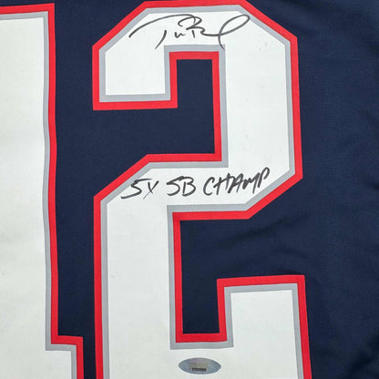 Autographed/Signed Tom Brady "5x SB Champ" New England Patriots Blue Authentic Nike Football Jersey Tristar COA