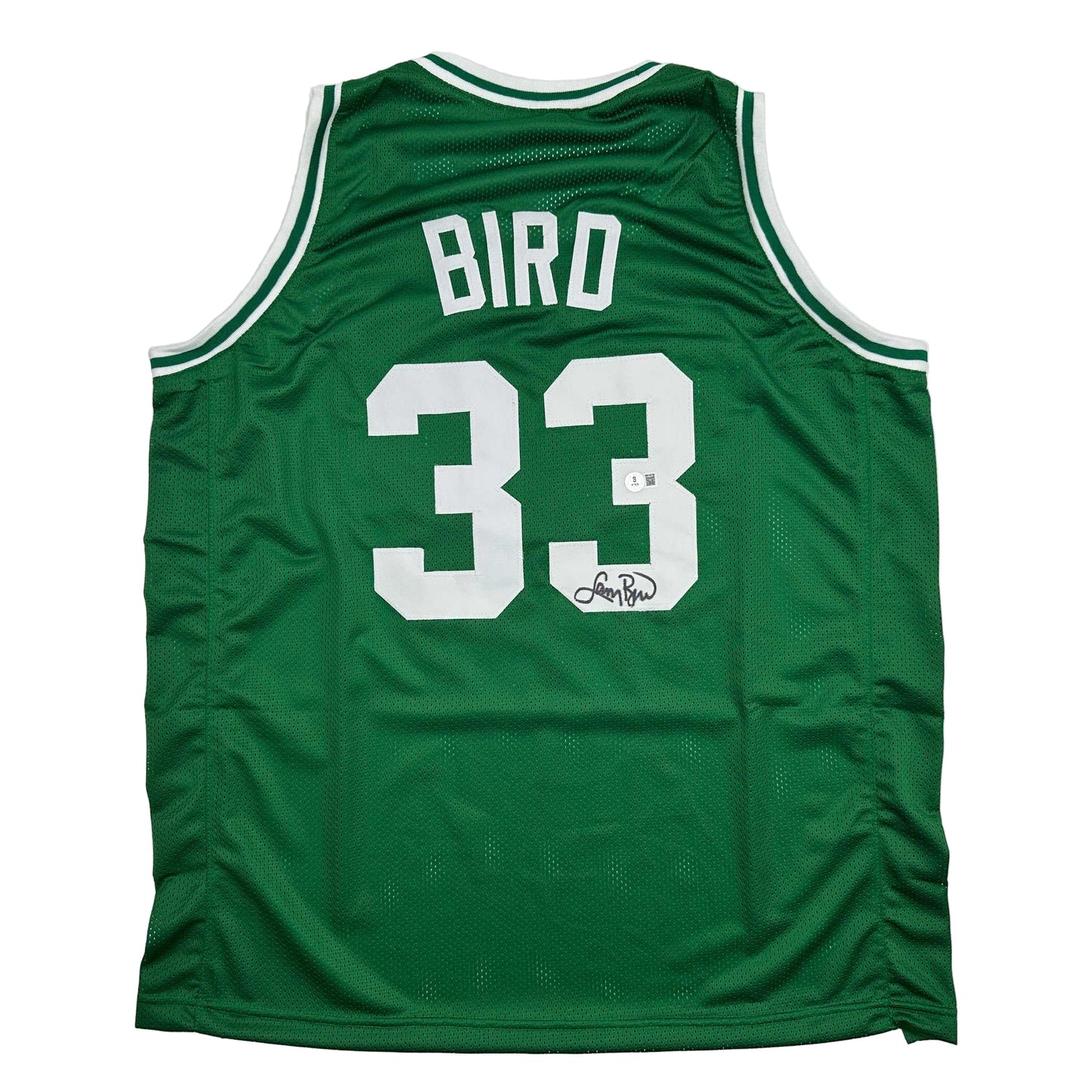 Autographed/Signed Larry Bird Boston Green Basketball Jersey Beckett BAS COA