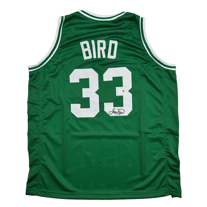 Autographed/Signed Larry Bird Boston Green Basketball Jersey Beckett BAS COA