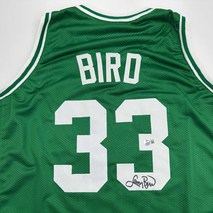 Autographed/Signed Larry Bird Boston Green Basketball Jersey Beckett BAS COA
