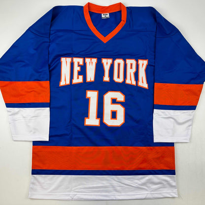 Autographed/Signed Pat Lafontaine HOF 03 New York Blue Hockey Jersey JSA COA