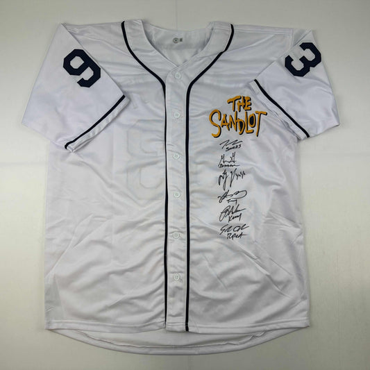 Autographed/Signed The Sandlot Movie 6x Cast Member Sigs White Baseball Jersey Beckett BAS COA
