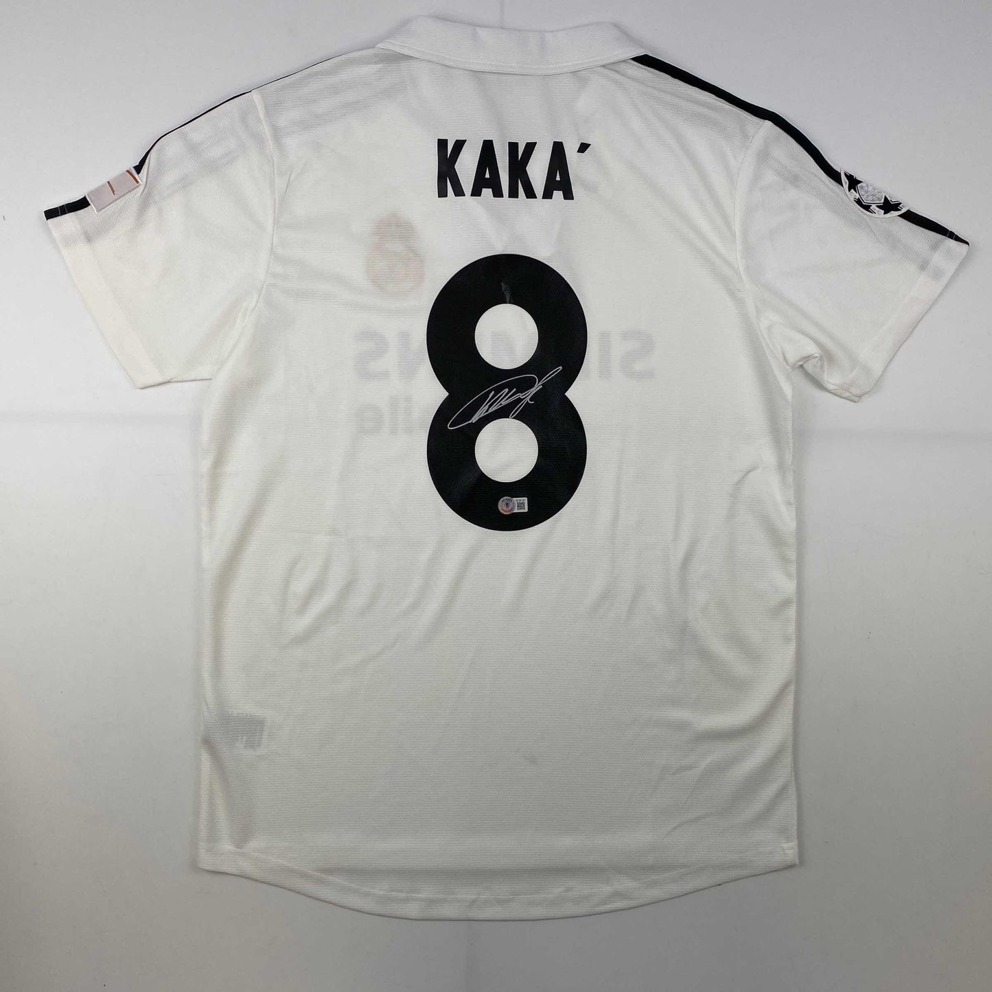 Autographed/Signed Ricardo Kaka Real Madrid White Soccer Futbol Jersey Beckett BAS COA