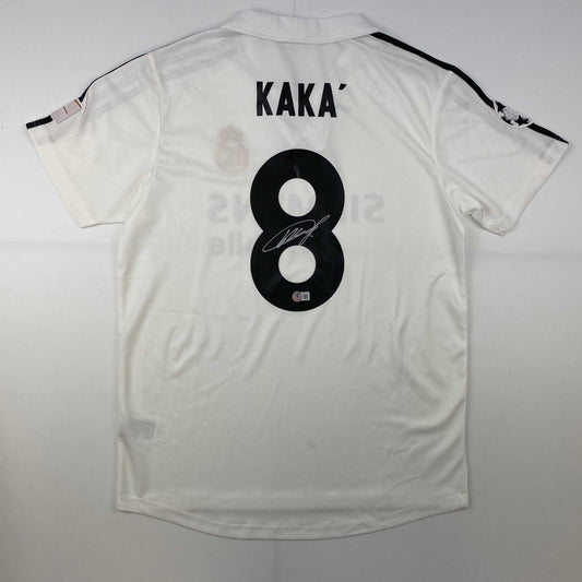 Autographed/Signed Ricardo Kaka Real Madrid White Soccer Futbol Jersey Beckett BAS COA