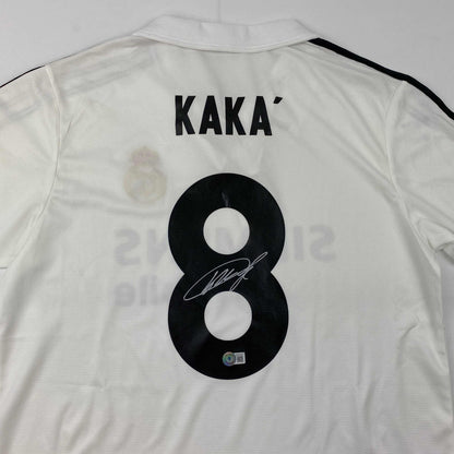 Autographed/Signed Ricardo Kaka Real Madrid White Soccer Futbol Jersey Beckett BAS COA